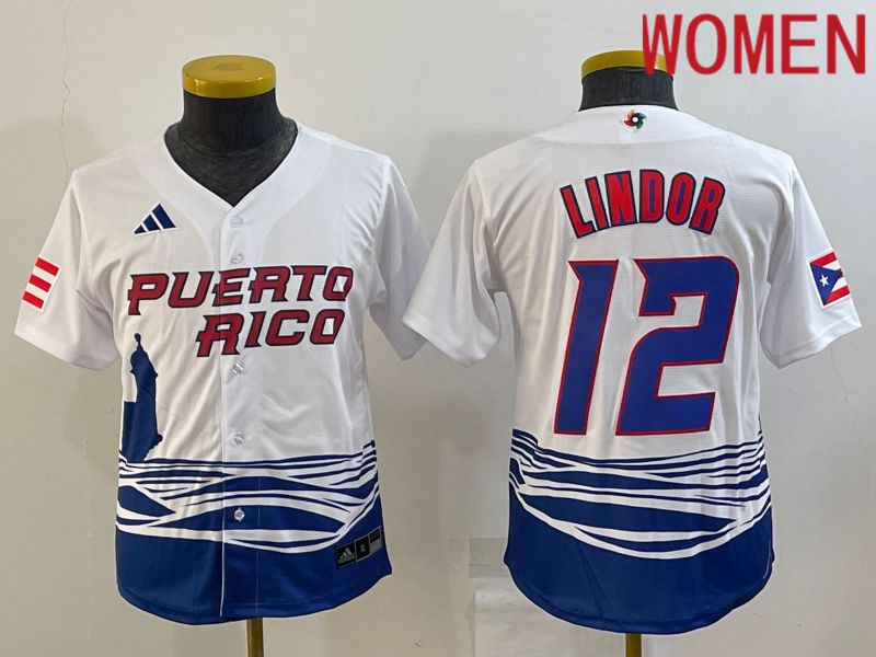 Women 2023 World Cub #12 Lindor White MLB Jersey6->women mlb jersey->Women Jersey